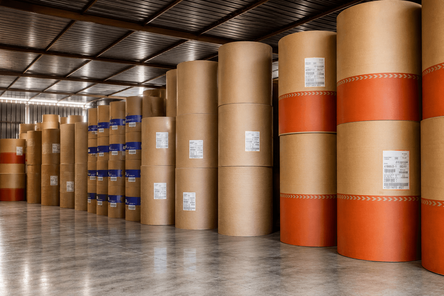 Large paper rolls organized inside a warehouse
